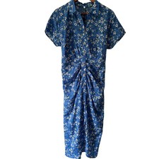 Kohl's Blue Dress White Floral Print Short-Sleeve Button Up + Tie Women's L NWT