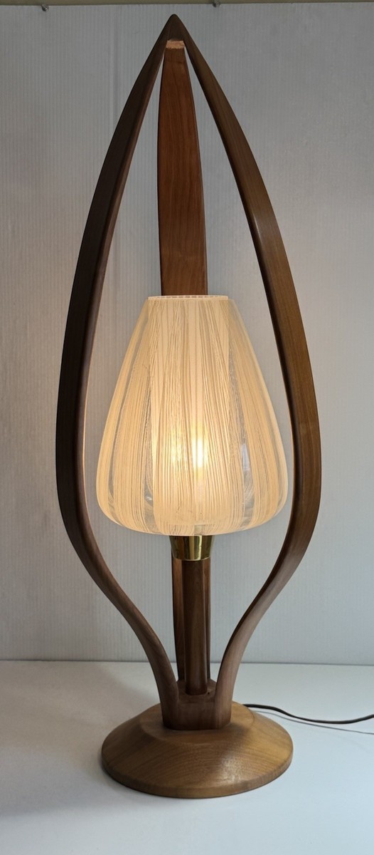 1960s Danish Teak Bentwood Table Lamp & Glass Shade W/ Diffuser 
