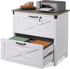 2 Drawer Farmhouse File Cabinet with Lock, Lateral Wood Printer Stand, White