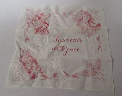 souvenir hankie handkerchief Alsace Lorraine France white with red printing