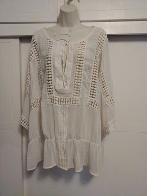Daniel Rainn Off White Cream Sheer Chiffon Crochet Accent Top Plus Size 3X