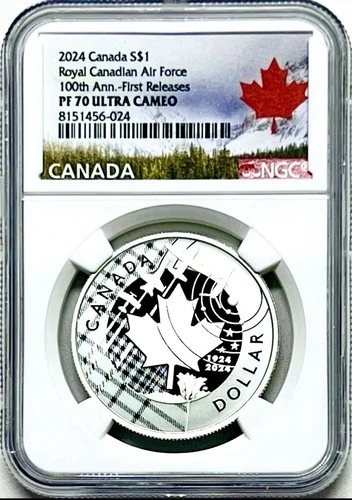 2024 $1 CANADA SILVER DOLLAR PROOF NGC PF70 MAPLE LEAF AIR FORCE FIRST RELEASES