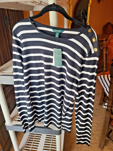 NWT Lauren Ralph Lauren Black White Striped Top Gold Crest Buttons