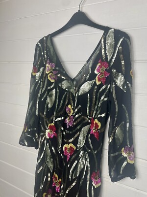 By Matthew Williamson schwarz bunt Blumen Pailletten Perlen V-Ausschnitt Maxikleid Kleid 10
