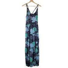Loft Dress Womens 8 Maxi Scoop neck Blue Floral Tiered Boho Party Cross Back