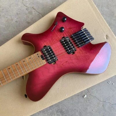 Acepro Gloss Purple Koa Headless Electric Guitar Jumbo Stainless Steel Frets