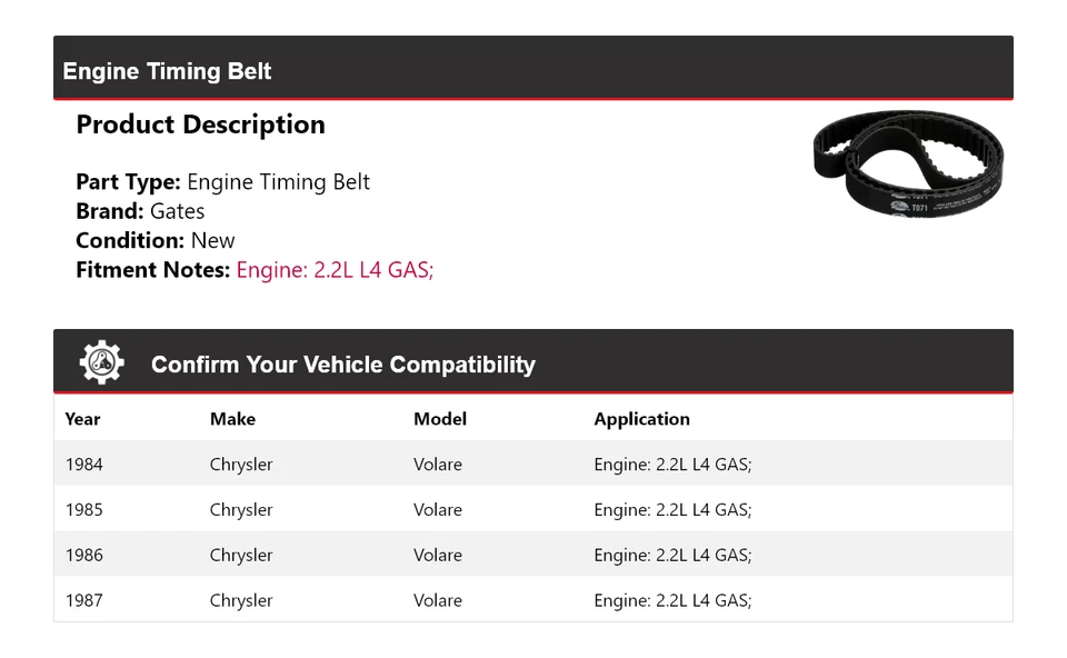 Puertas de correa de distribución de motor de gas L4 2,2 L Chrysler Volare 1984-1987 1985 1986 Foto 2 de 4