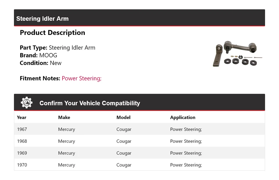 适用于 1967 - 1970 年 Mercury Cougar 转向怠速臂 MOOG 1967 1969 1970 — 第 2/4 张图片