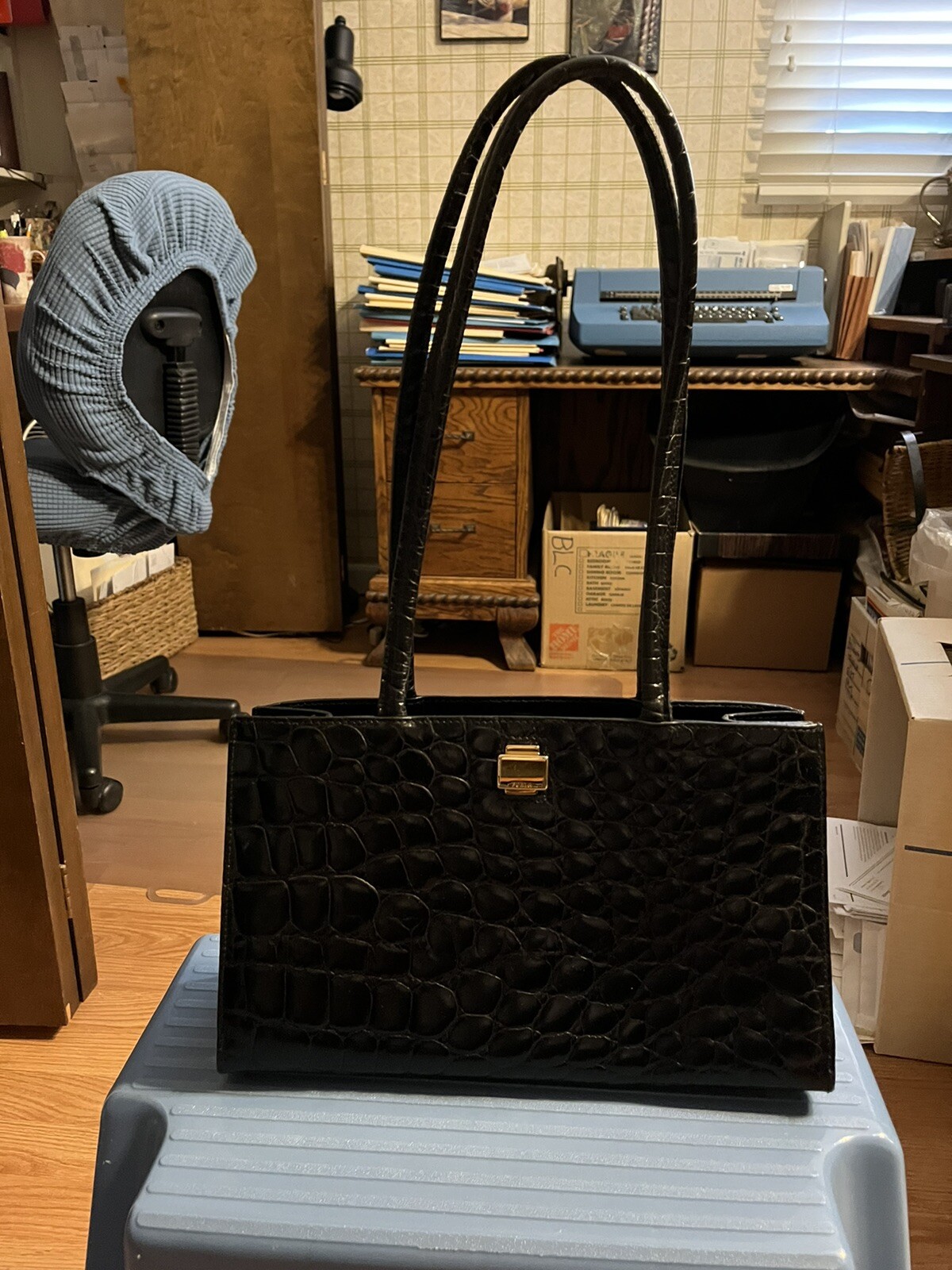 Black Furla Leather Croc Embossed Shoulder Strap Hand… Gem