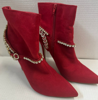 ShoeDazzle Jaynie Red Suede Rhinestone Stiletto Ankle Boots Size 11