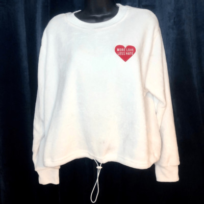 WOMENS FIFTH SUN FLUFFY WHITE SWEATER W MORE LOVE LESS HATE HEART SIZE L