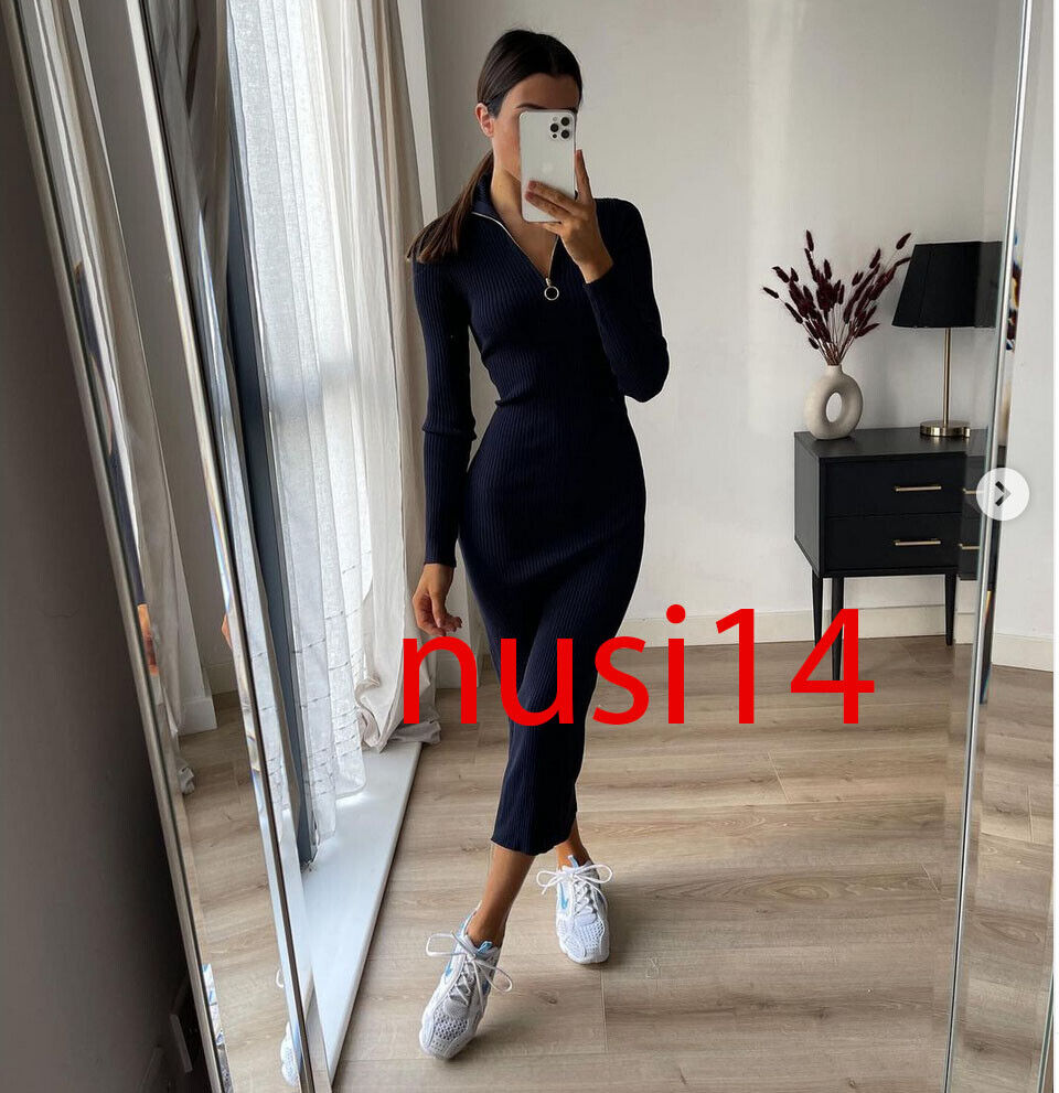ZARA NEW WOMAN MIDI FITTED RIBBED KNIT DRESS WITH ZIP NAVY ZARA NEW WOMAN MIDI FITTED RIBBED KNIT DRESS WITH ZIP NAVY