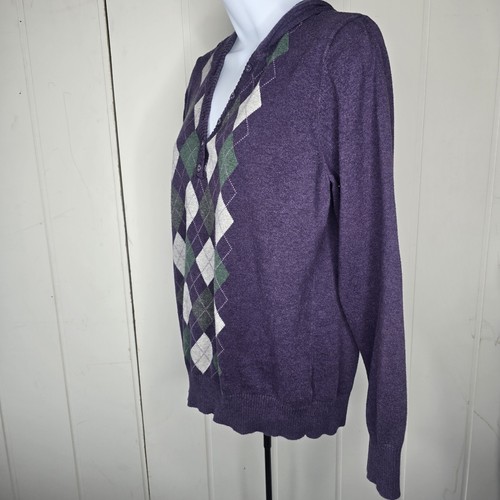 Sonoma Women's LG Violet Argyle Knit Sweater Hooded Button Embellished Vneck - Picture 5 of 10