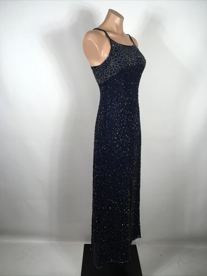 Vintage Stunning Scala Long Silk Beaded Open Sequin Square Neck Blue Gown sz M - Image 4 of 4
