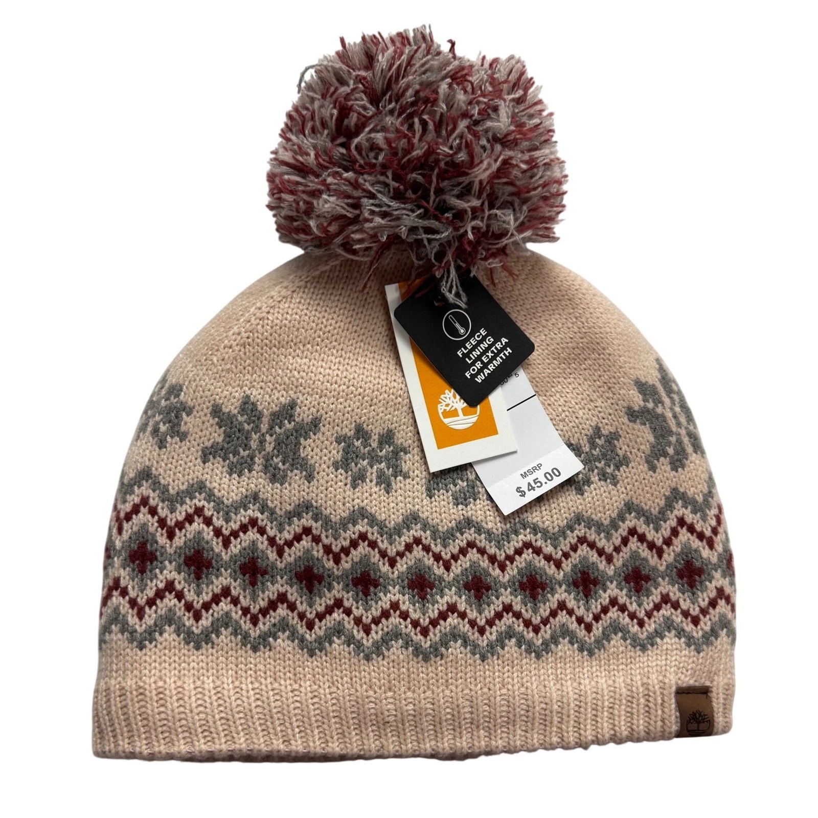 Timberland Fair Isle Fleece Lined Beanie Pom Pom Winter Hat Beige Burgundy OS