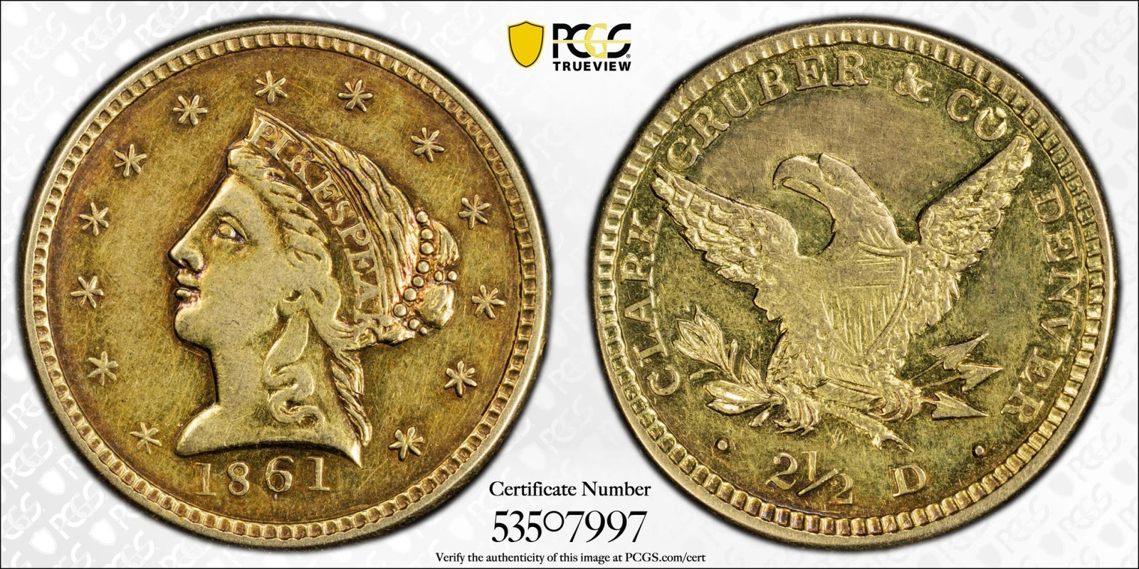 1861 Clark, Gruber & Co. $2.5 PCGS AU Repaired