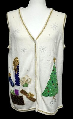 Christmas Sweater Vest Womens L Creamy Off-White Applique Tree Presents Snowflak