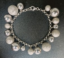 Ancien Bracelet Maillons Chaîne Suspendu De Perles En Argent Massif 925.