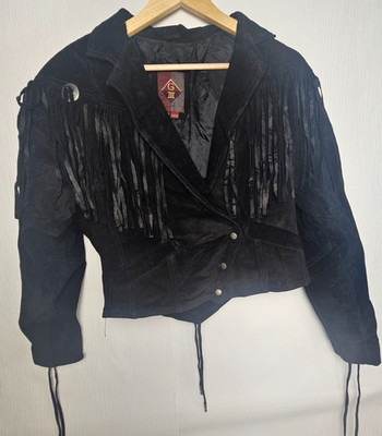 Vintage Western Lederjacke Damen klein schwarz Fransen cropped G-III 80er 90er