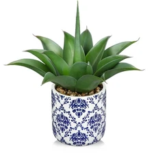 Agave Plants Artificial Succulents Fake Plant in Blue Vase, 13'' Tall Realist...