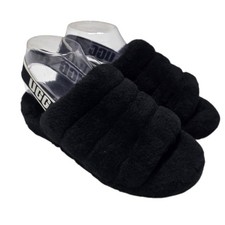 UGG Fluff Yeah Slide Women 6 Black Sheepskin Slingback Platform Sandals 1095119