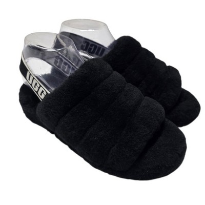 UGG Fluff Yeah Slide Women 6 Black Sheepskin Slingback Platform Sandals 1095119