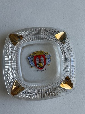 Vintage Hof/Saale Glass Ashtray Gold Trimmed With Crest Design Collectible