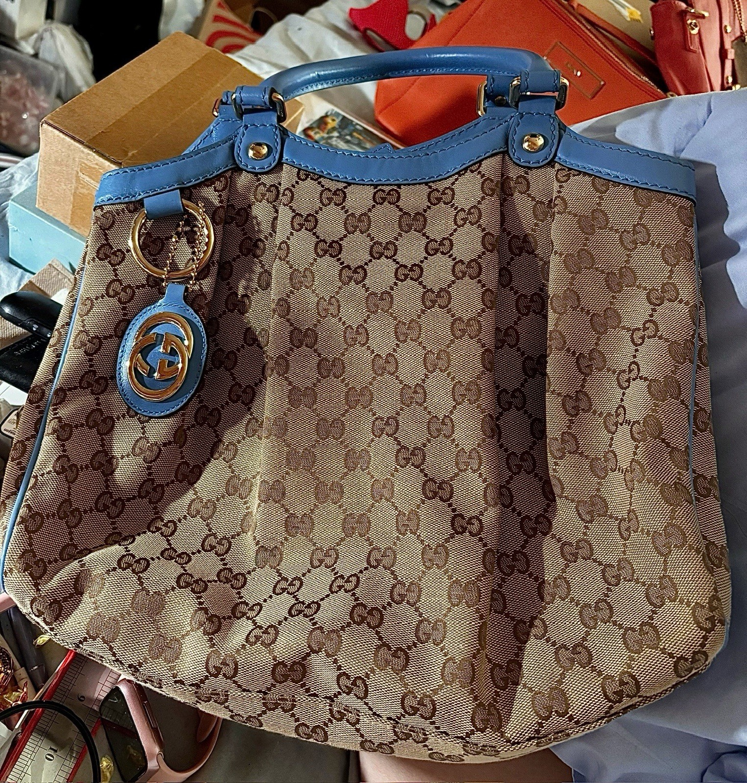 Authentic GUCCI Sukey GG Medium Tote Bag Beige Blue Trim Canvas