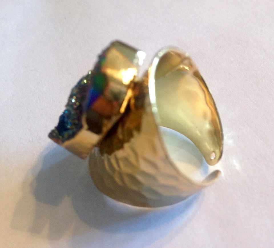 Titanium Druzy Ring Large Statement Agate Stone Hematite Drusy Silver Cigar Band - Image 4 of 4