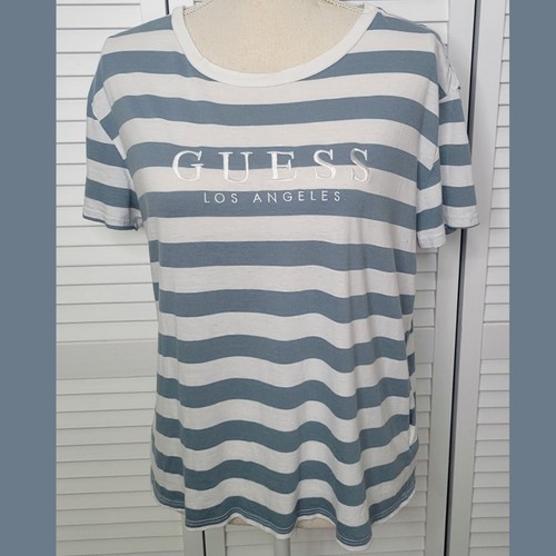GUESS Los Angeles Blue/White Striped Short Sleeve Shirt Womens medium