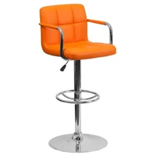 Contemporary Orange Quilted Vinyl Adjustable Height Bar Stool with Arms