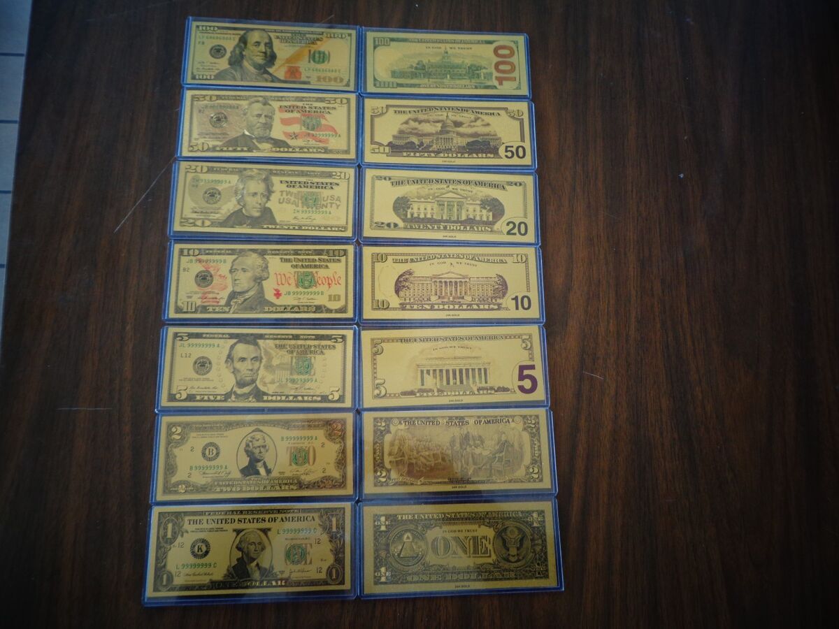 7PCS USD 1/2/5/10/20/50/100 Gold Dollar Bill Full Set Gold Banknote Colorful