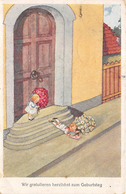 Postcard Congratulations on Birthday Children with Flowers Postcard 1922