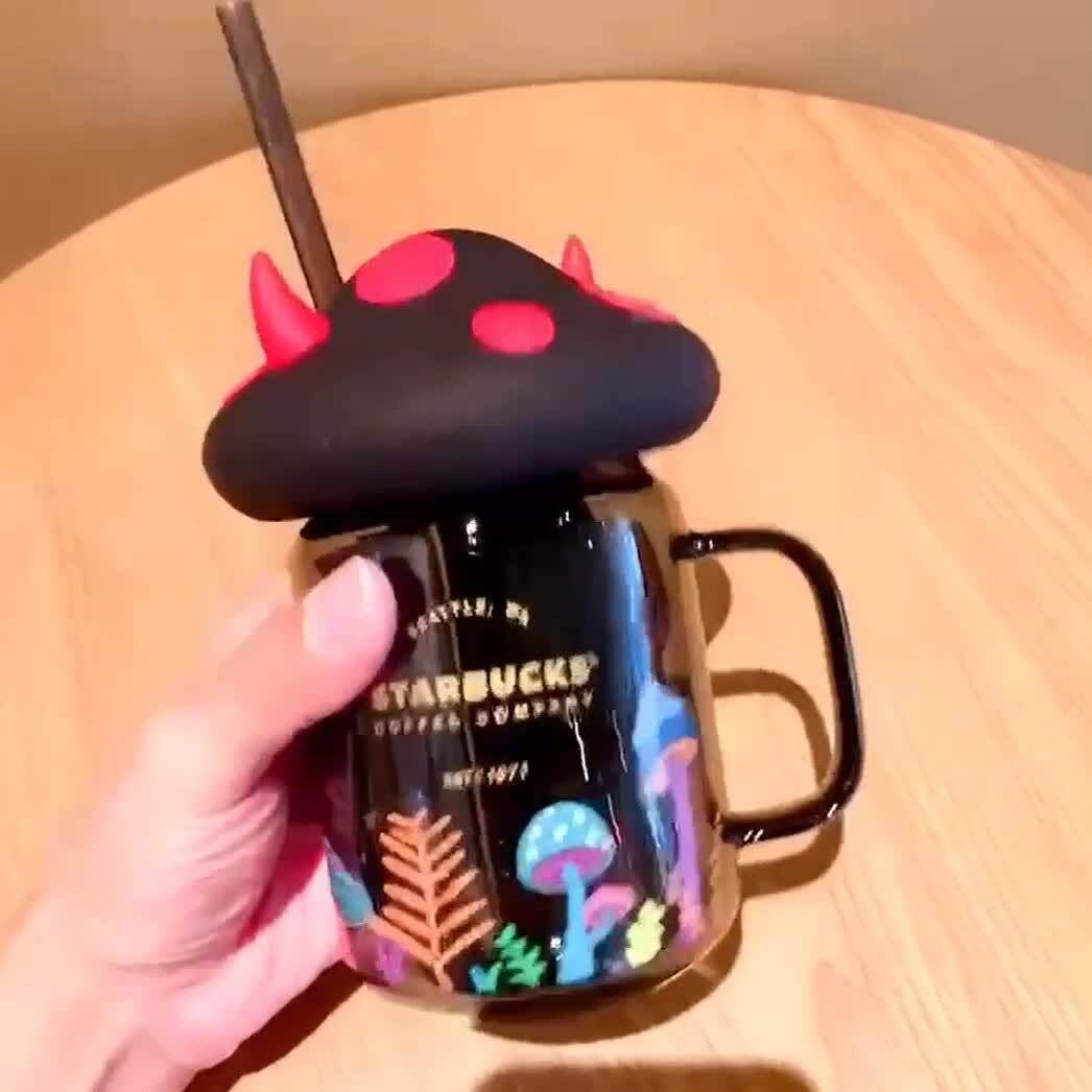 New Starbucks Halloween Mushroom Mason Ox Horn 18oz Black Straw