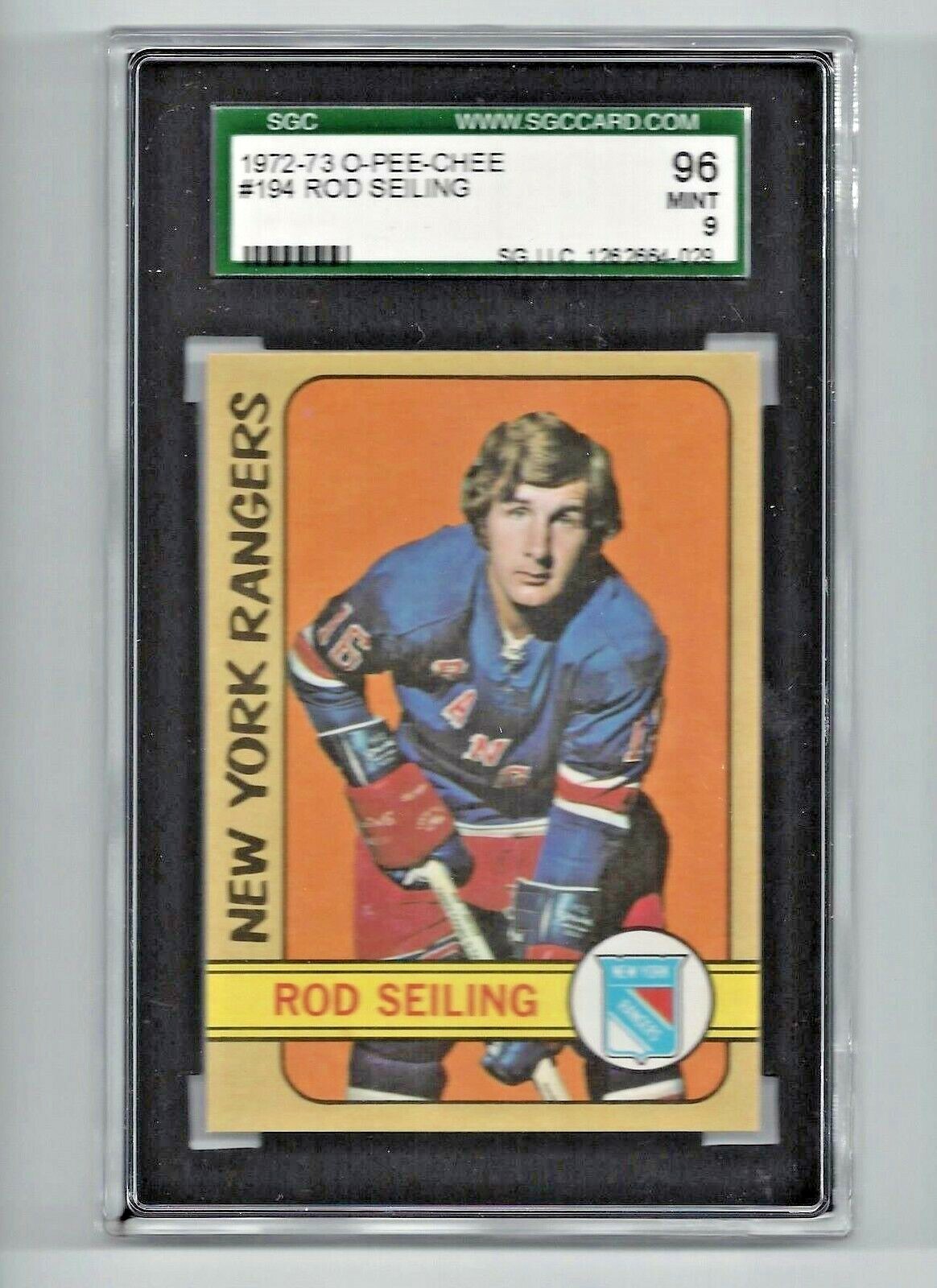 1972 OPC 194 Rod Seiling, SGC 96 MINT 9, New York Rangers NHL Hockey