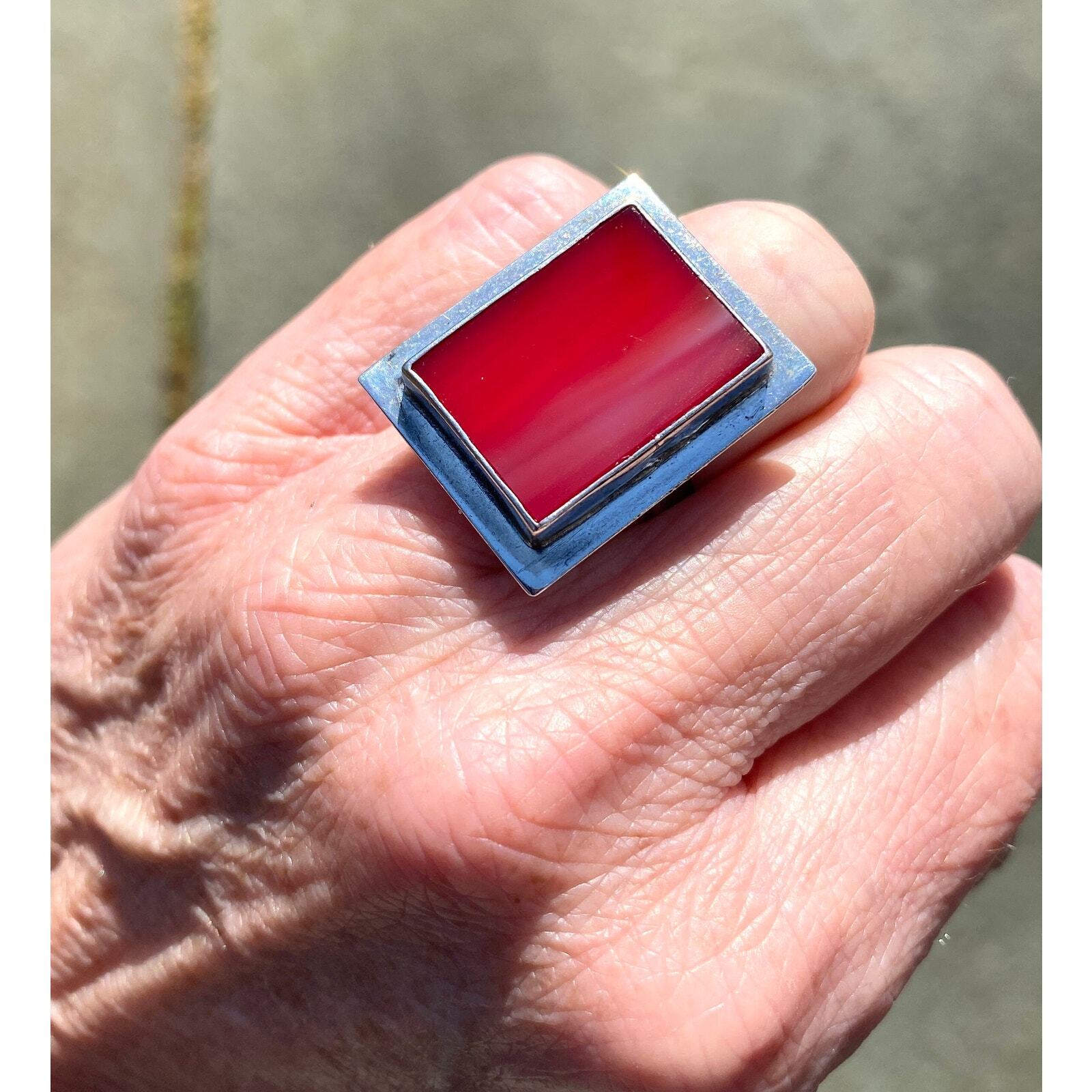 Sterling Silver Rectangular red Agate Ring, Modern - image 3