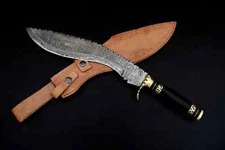Handmade Damascus Kukri Knife with Buffalo Horn Handle & Leather Sheath Gift