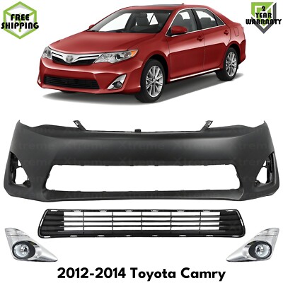 Front Bumper Cover Primed Plastic & Fog Lights Kit For 2012-2014 Toyota Camry