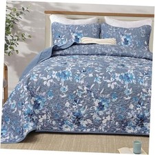 Floral Quilt Set Size, Botanical Flowers Bedspreads Coverlet Set, 3 King Blue