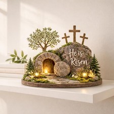He Is Risen Empty Tomb Easter Decor   Christian Resurrection Cross Scene