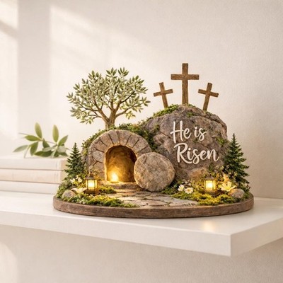 He Is Risen Empty Tomb Easter Decor   Christian Resurrection Cross Scene