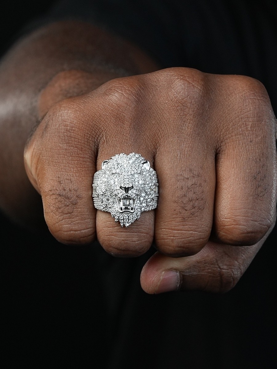 MOISSANITE Mens Large Lion Iced Hip Hop Ring 925 Sterling Silver