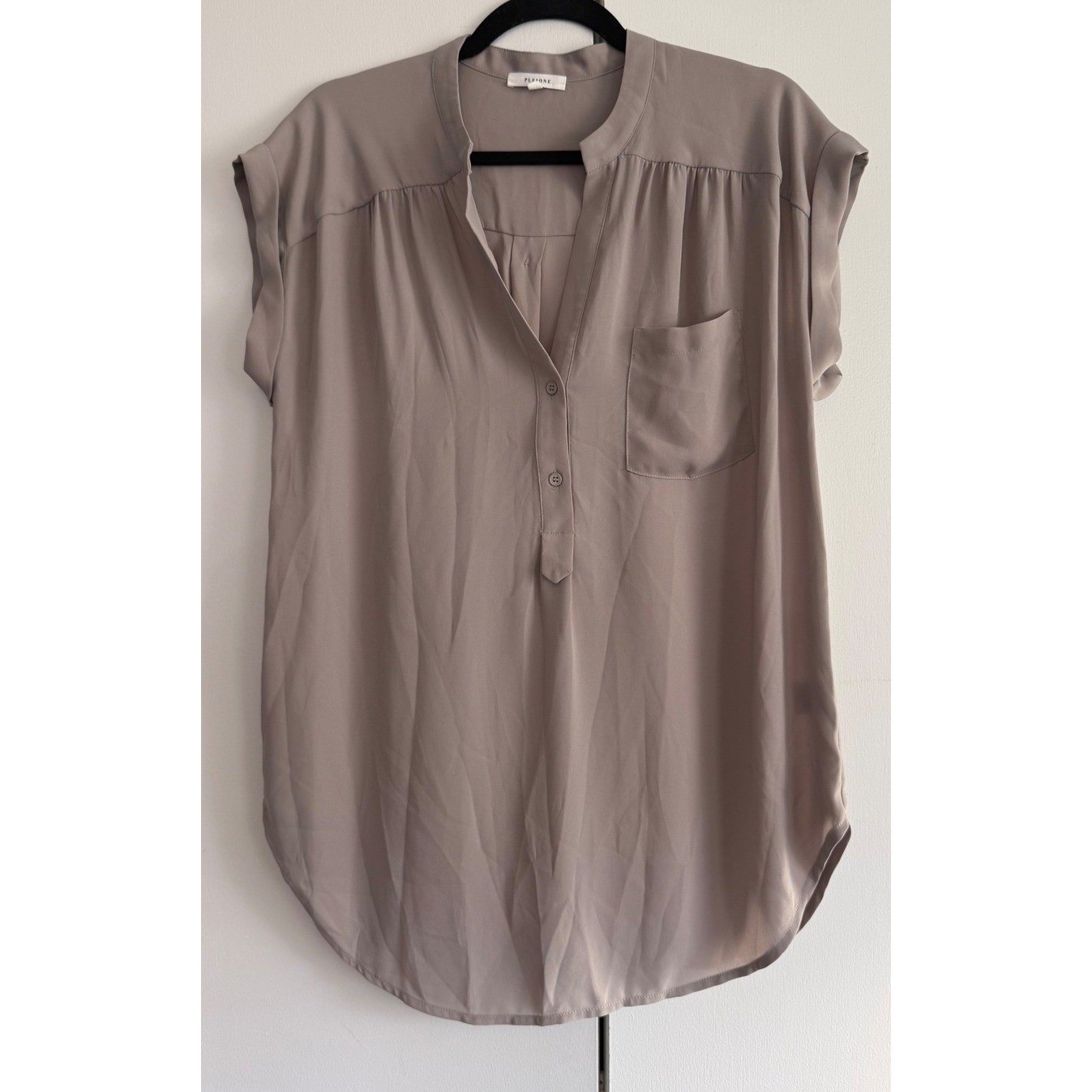 PLEIONE Taupe Solid Collared V-Neck Button Front … - image 1