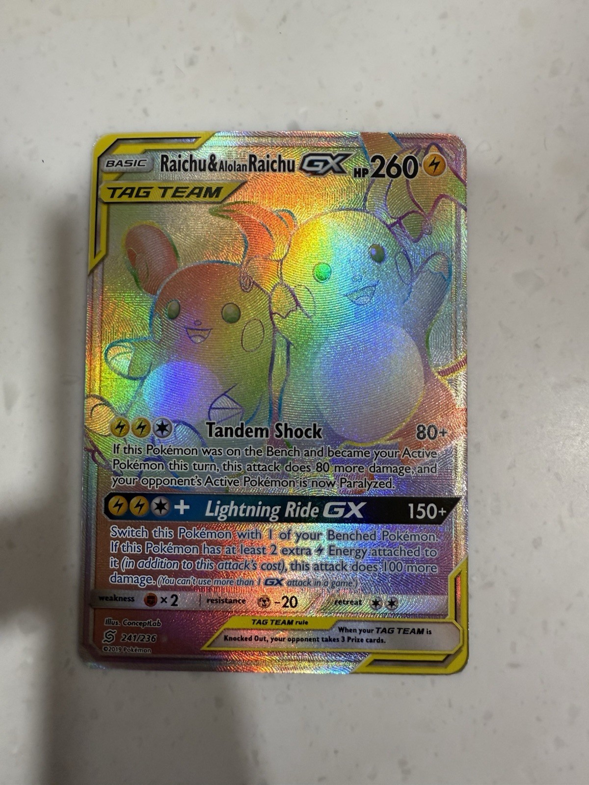 Pokémon Raichu Alolan Raichu GX 241/236 Tag Team Unified Minds Secret Rainbow NM