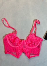 Seven 'til Midnight Neon Pink Lace Fence Mesh Longline Bra M Sexy Rockstar 80s
