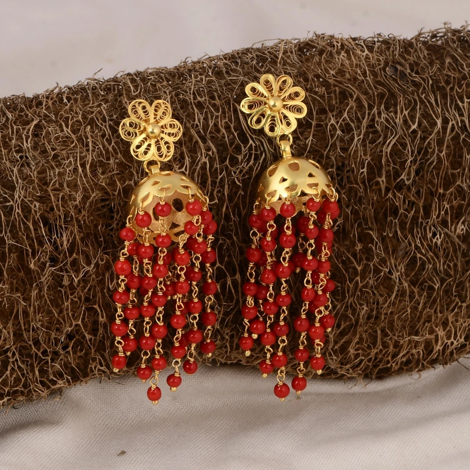 Long Chandelier Red Coral Earring Bead Gemstone 925 Silver Wedding Jhumka Jhumki - Image 3 of 4