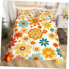 70s 80s Floral Bedding Set Size,Watercolor Rustic Groovy Queen Multi 26