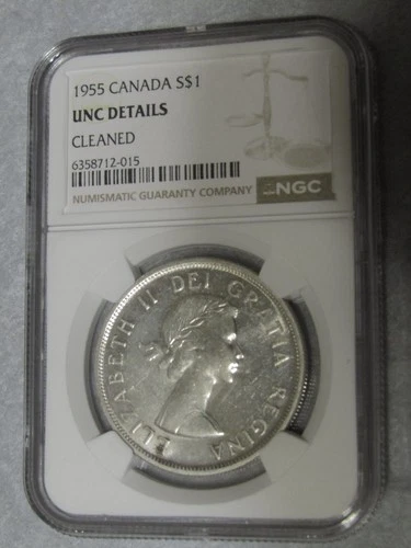 CANADA 1955 SILVER $1 DOLLAR..NGC..UNC. DETAILS-CLEANED...NICE  DETAIL  COIN