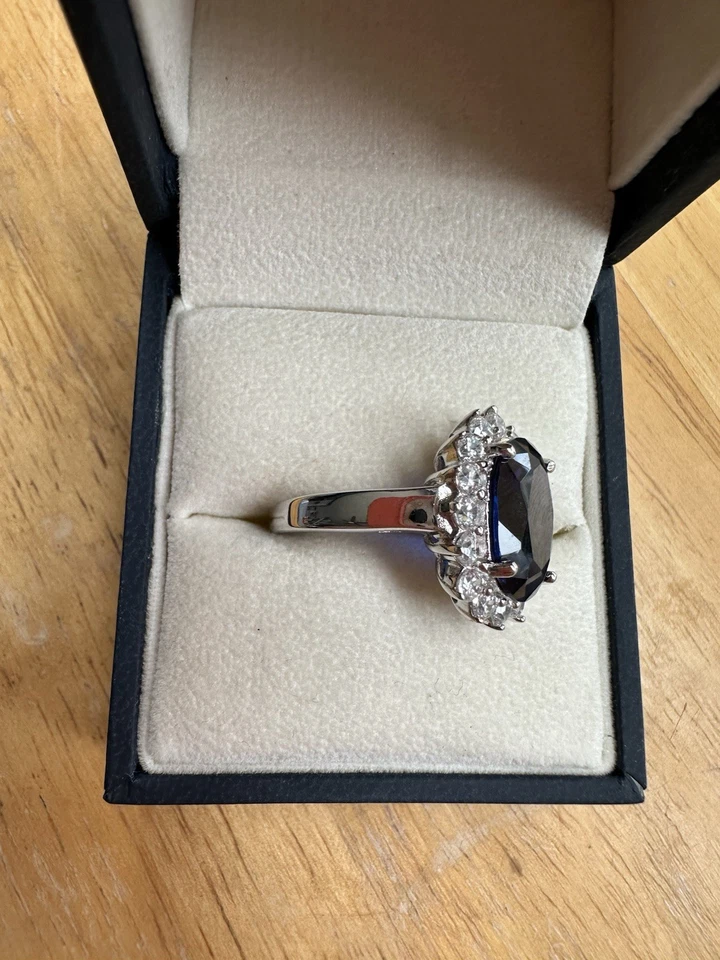 Принцесса Диана/Кейт реплика кольцо белый позолоченный синий сапфир CZ размер 8,25 - Изображение 4 из 4