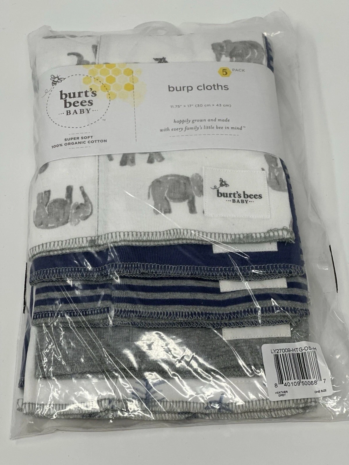 Burt's Bees Baby 5 Pack Organic Cotton Burp Cloth Set Blue Grey Gray Elephants